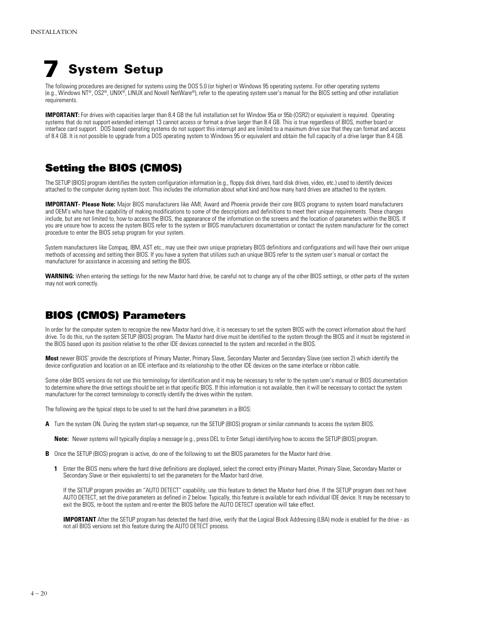 System setup, Setting the bios (cmos), Bios (cmos) parameters | Maxtor DIAMONDMAX 90576D4 User Manual | Page 25 / 28