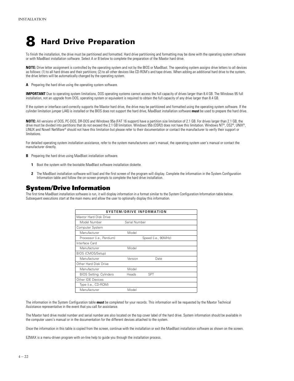 Hard drive preparation, System/drive information | Maxtor DIAMONDMAX 90576D4 User Manual | Page 27 / 28