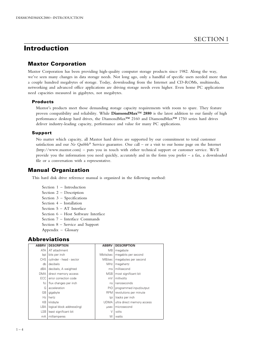 Introduction, Maxtor corporation, Manual organization | Abbreviations | Maxtor DIAMONDMAX 90576D4 User Manual | Page 4 / 28