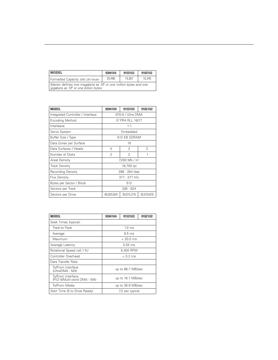 Product specifications, Models and capacities performance specifications, Drive configuration | Maxtor DIAMONDMAX VL20 User Manual | Page 16 / 70