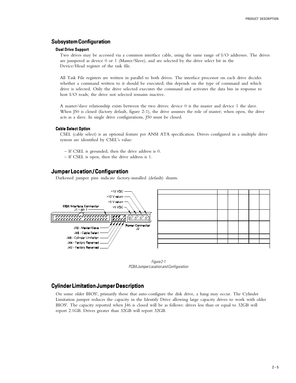 Cylinder limitation jumper description, Subsystem configuration, Jumper location / configuration | Maxtor 5T040H4 User Manual | Page 15 / 64