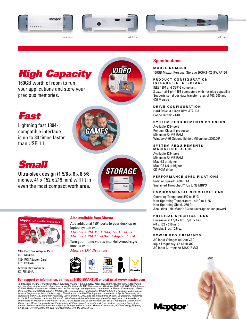 High capacity, Fast, Small | Maxtor Personal Storage 3000XTX01FWRA160 User Manual | Page 2 / 2