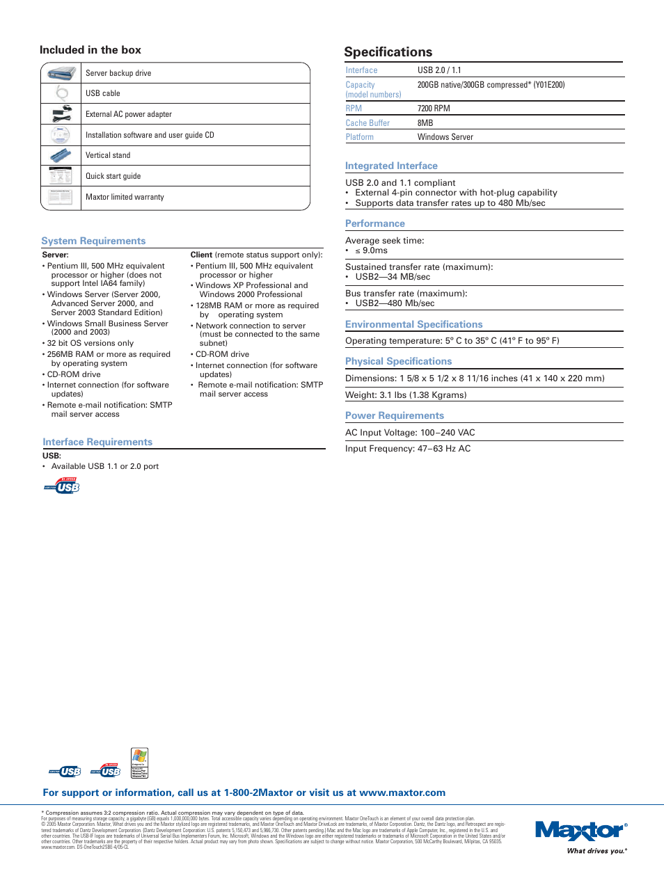 Specifications, Included in the box | Maxtor OneTouch II Small Business Edition User Manual | Page 2 / 2
