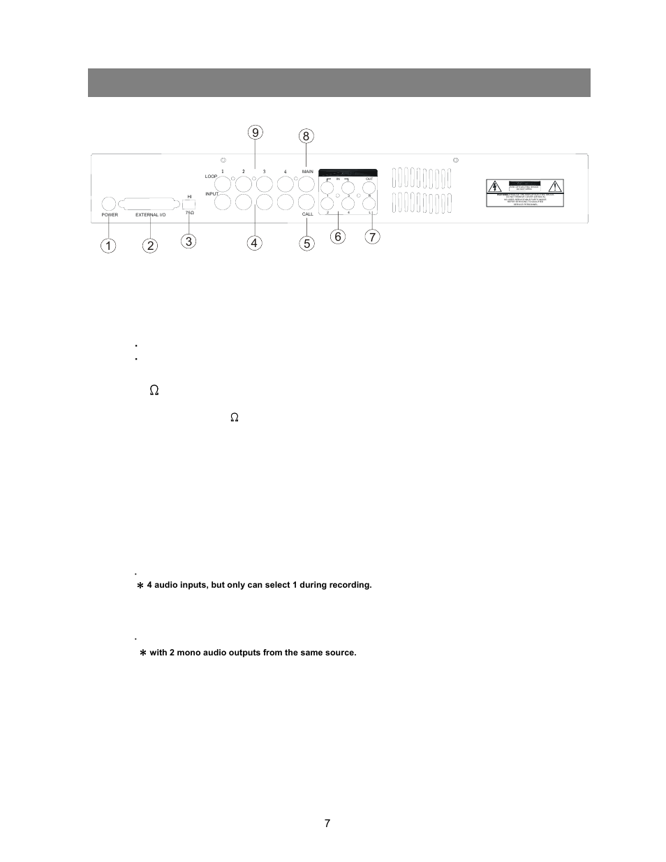 Back panel, Power, External i/o | 75 ω / hi, Video input (1-4), Call, Audio in (1-4), Audio out (r/l), Main, Loop (1-4) | Maxtor CDR-04S User Manual | Page 8 / 26