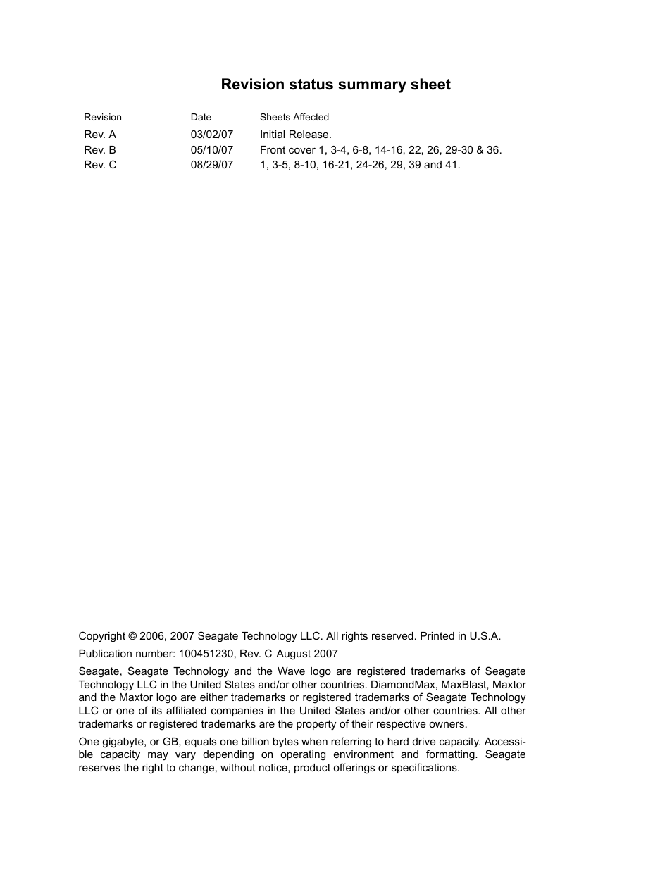 Revision status summary sheet | Maxtor STM3160215AS User Manual | Page 2 / 56