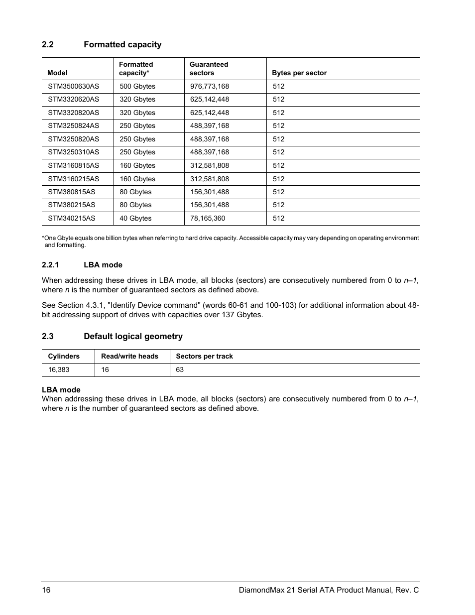 2 formatted capacity, 1 lba mode, 3 default logical geometry | Formatted capacity 2.2.1, Lba mode, Default logical geometry | Maxtor STM3160215AS User Manual | Page 22 / 56