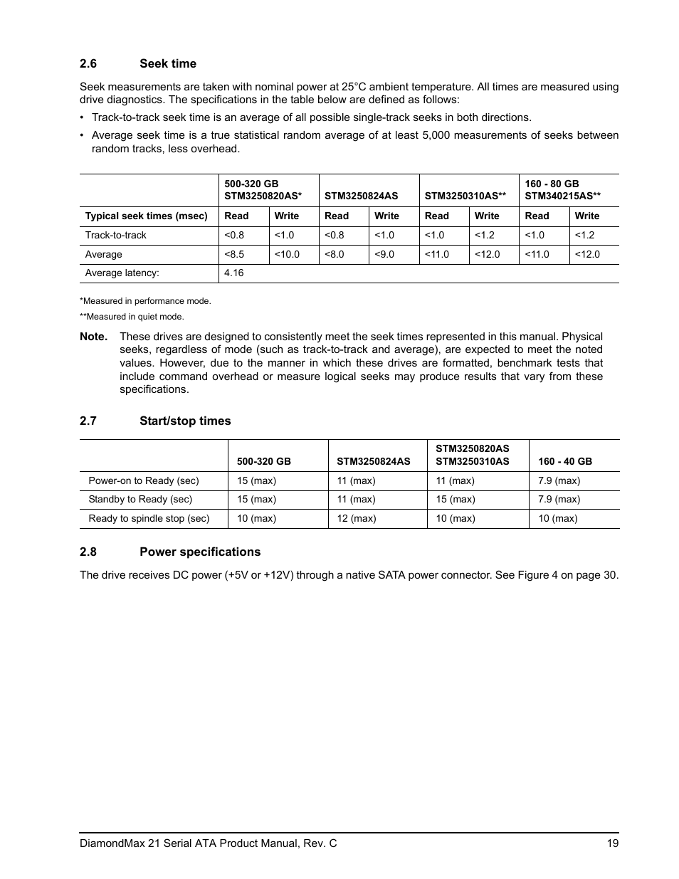 6 seek time, 7 start/stop times, 8 power specifications | Seek time, Start/stop times, Power specifications | Maxtor STM3160215AS User Manual | Page 25 / 56
