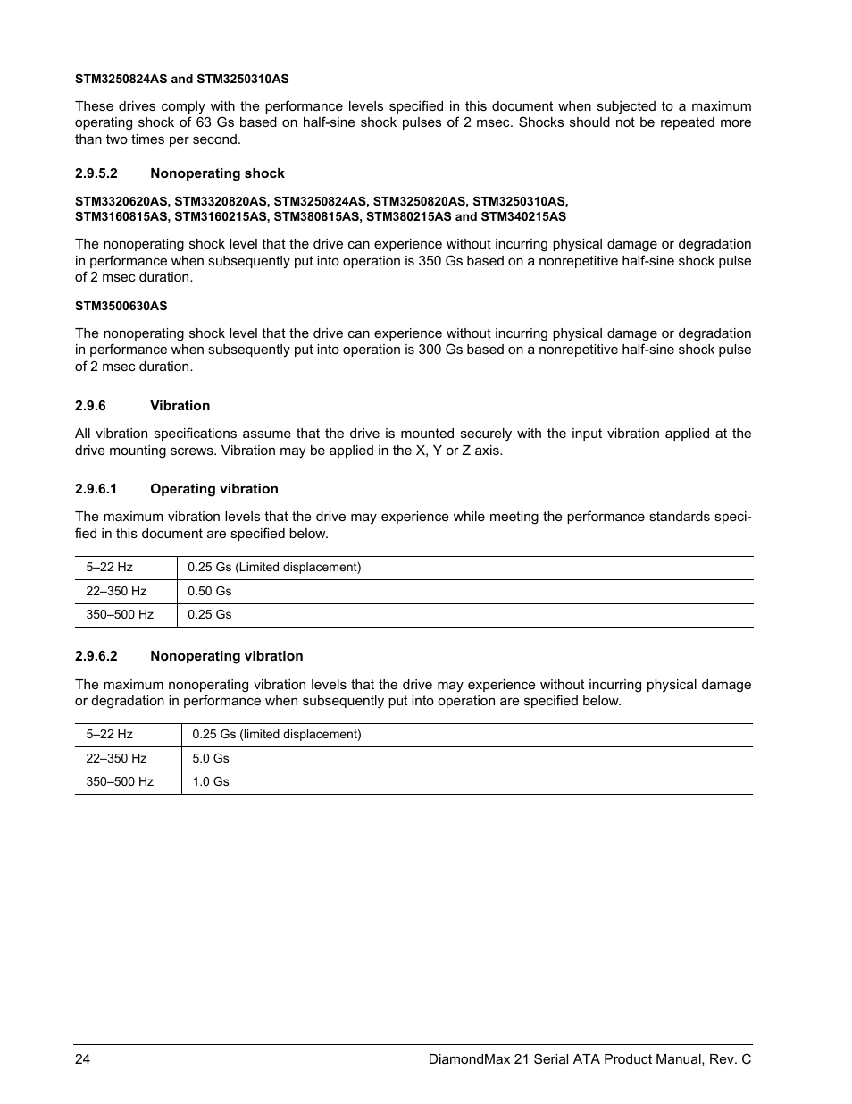 2 nonoperating shock, 6 vibration, 1 operating vibration | 2 nonoperating vibration, Vibration | Maxtor STM3160215AS User Manual | Page 30 / 56