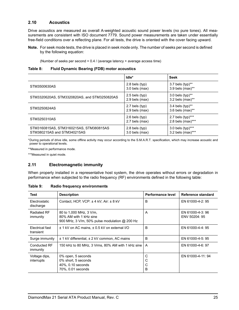 10 acoustics, 11 electromagnetic immunity, Acoustics | Electromagnetic immunity | Maxtor STM3160215AS User Manual | Page 31 / 56