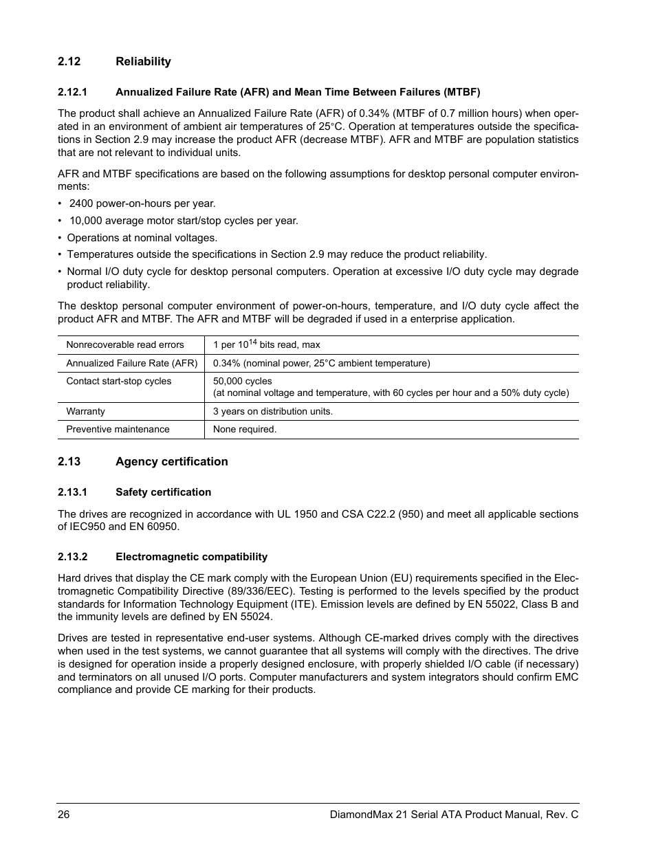 12 reliability, 13 agency certification, 1 safety certification | 2 electromagnetic compatibility, Reliability 2.12.1, Agency certification 2.13.1, Safety certification, Electromagnetic compatibility | Maxtor STM3160215AS User Manual | Page 32 / 56
