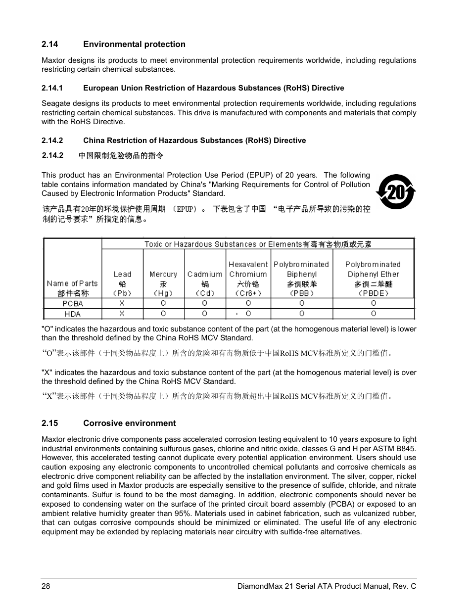 14 environmental protection, 15 corrosive environment, Environmental protection 2.14.1 | Corrosive environment | Maxtor STM3160215AS User Manual | Page 34 / 56