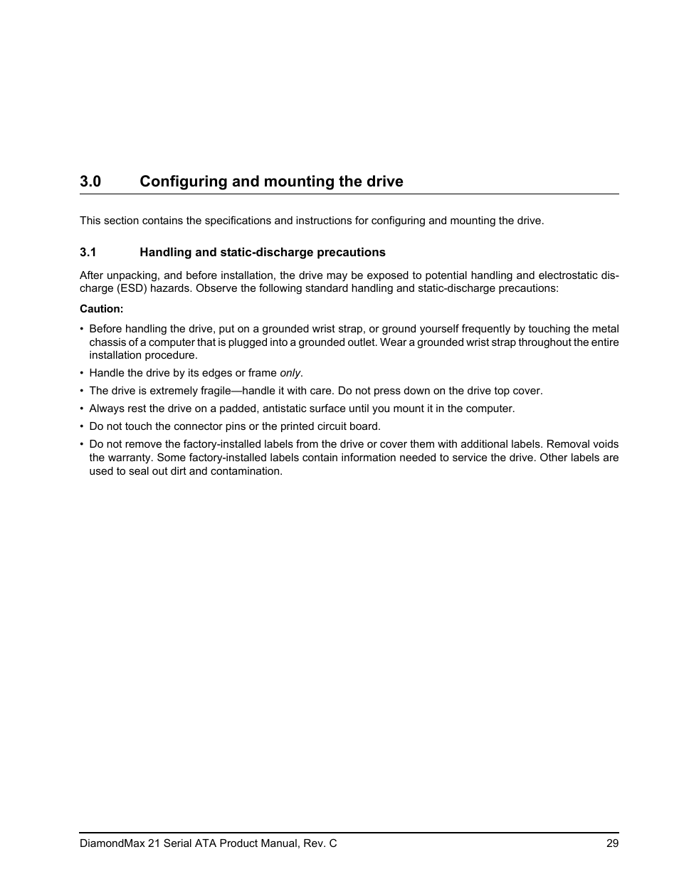 0 configuring and mounting the drive, 1 handling and static-discharge precautions, Configuring and mounting the drive 3.1 | Handling and static-discharge precautions | Maxtor STM3160215AS User Manual | Page 35 / 56