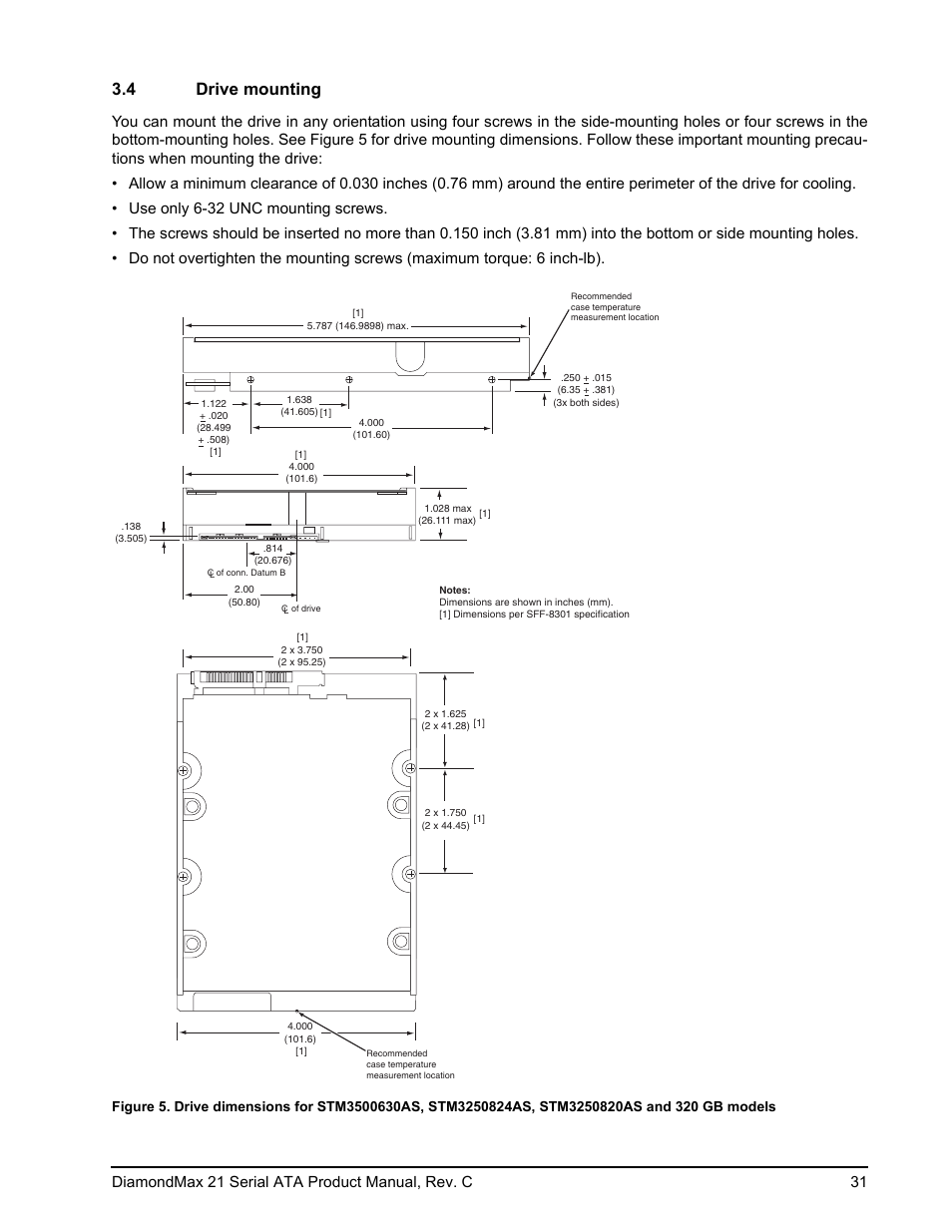 4 drive mounting, Drive mounting, Figure 5 | Diamondmax 21 serial ata product manual, rev. c 31 | Maxtor STM3160215AS User Manual | Page 37 / 56