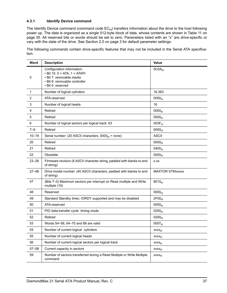 1 identify device command, Identify device command | Maxtor STM3160215AS User Manual | Page 43 / 56