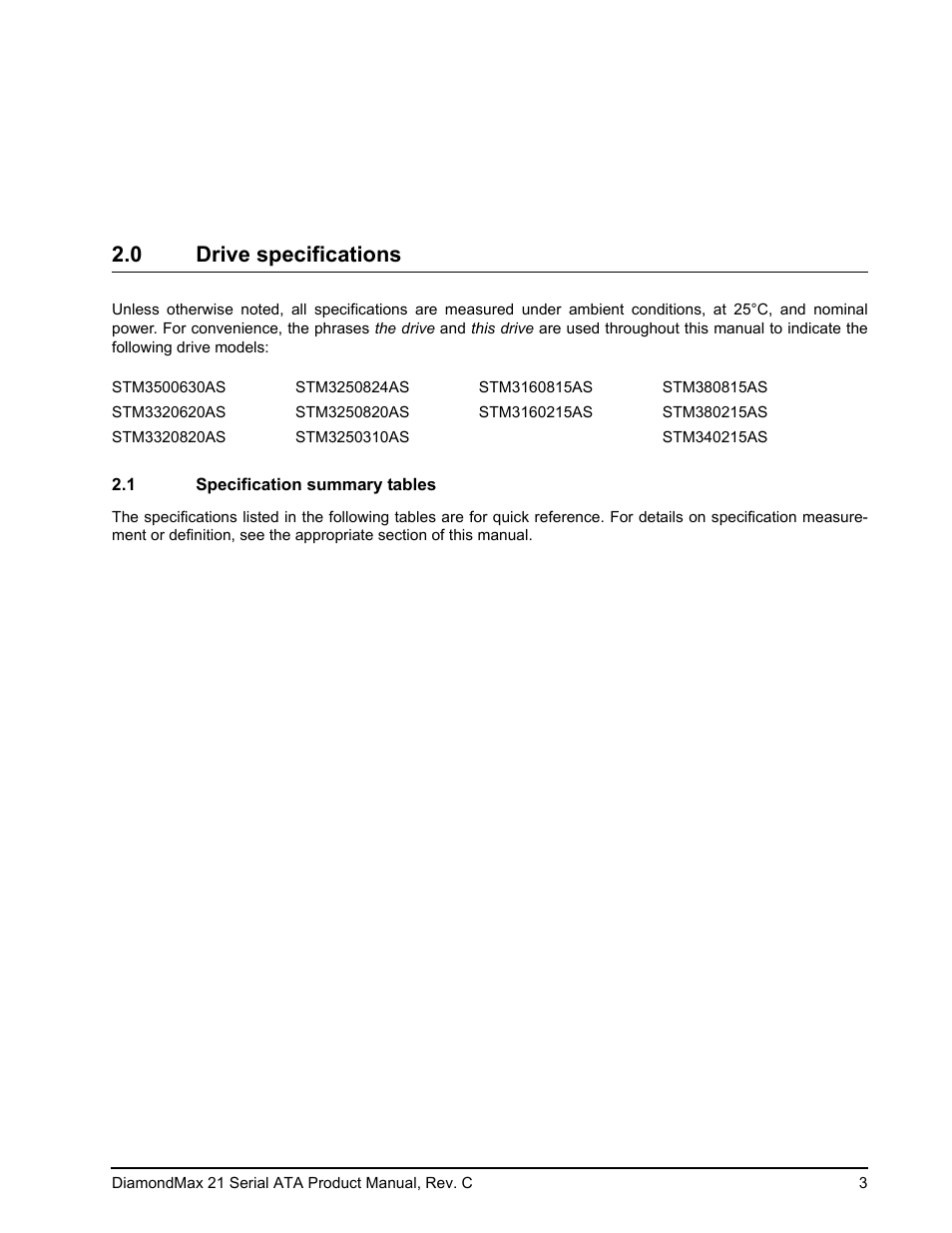 0 drive specifications, 1 specification summary tables, Drive specifications 2.1 | Specification summary tables | Maxtor STM3160215AS User Manual | Page 9 / 56