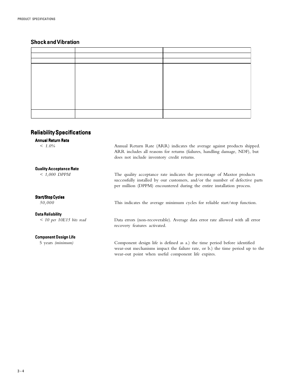 Reliability specifications, Shock and vibration | Maxtor 52049H3 User Manual | Page 19 / 64