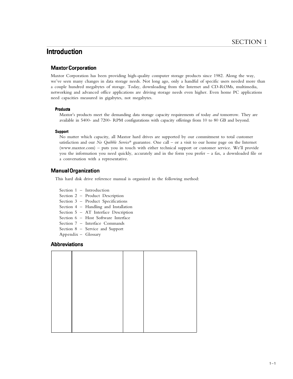 Introduction, Maxtor corporation, Manual organization | Abbreviations | Maxtor 52049H3 User Manual | Page 9 / 64