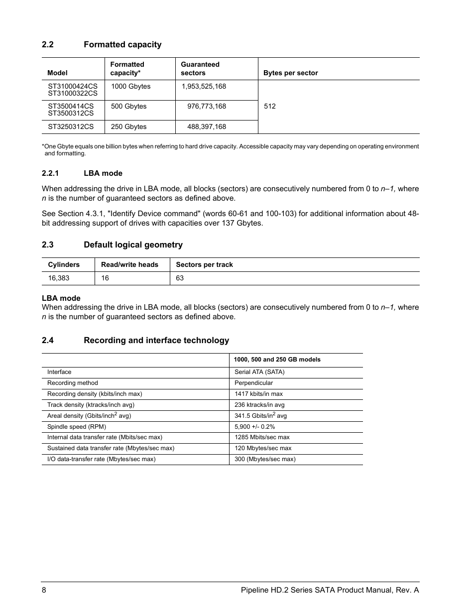 2 formatted capacity, 1 lba mode, 3 default logical geometry | 4 recording and interface technology | Maxtor Pipeline HD.2 Series SATA ST3500312CS User Manual | Page 14 / 46