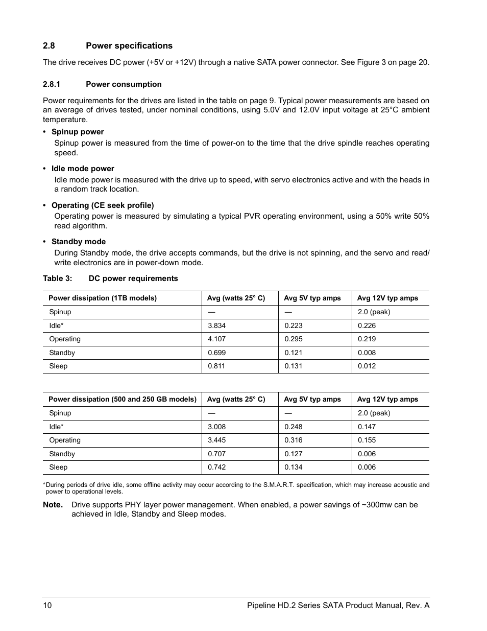 8 power specifications, 1 power consumption | Maxtor Pipeline HD.2 Series SATA ST3500312CS User Manual | Page 16 / 46