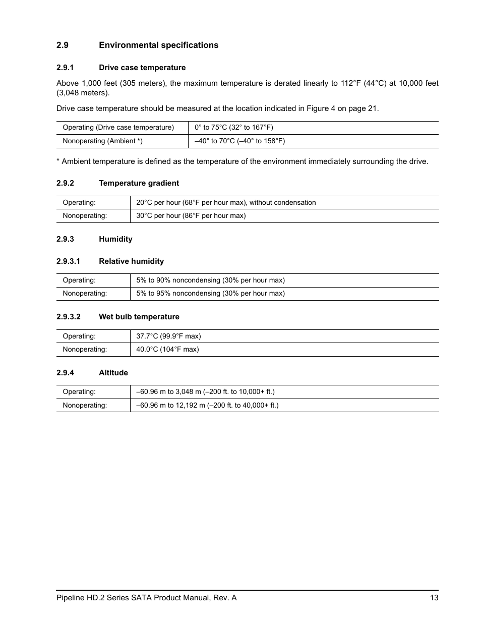 9 environmental specifications, 1 drive case temperature, 2 temperature gradient | 3 humidity, 1 relative humidity, 2 wet bulb temperature, 4 altitude | Maxtor Pipeline HD.2 Series SATA ST3500312CS User Manual | Page 19 / 46