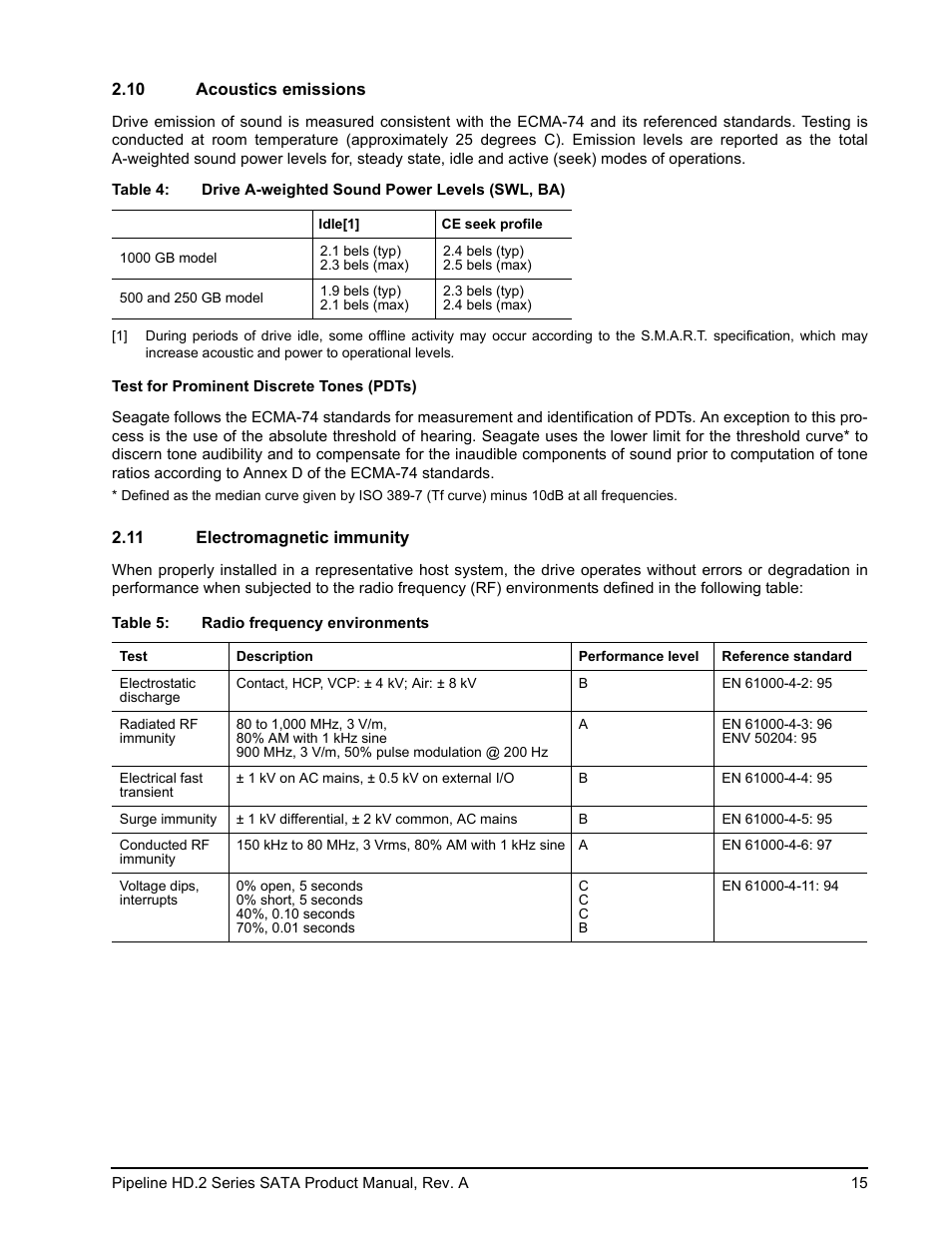 10 acoustics emissions, 11 electromagnetic immunity | Maxtor Pipeline HD.2 Series SATA ST3500312CS User Manual | Page 21 / 46