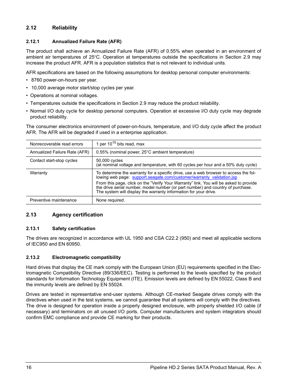 12 reliability, 1 annualized failure rate (afr), 13 agency certification | 1 safety certification, 2 electromagnetic compatibility | Maxtor Pipeline HD.2 Series SATA ST3500312CS User Manual | Page 22 / 46