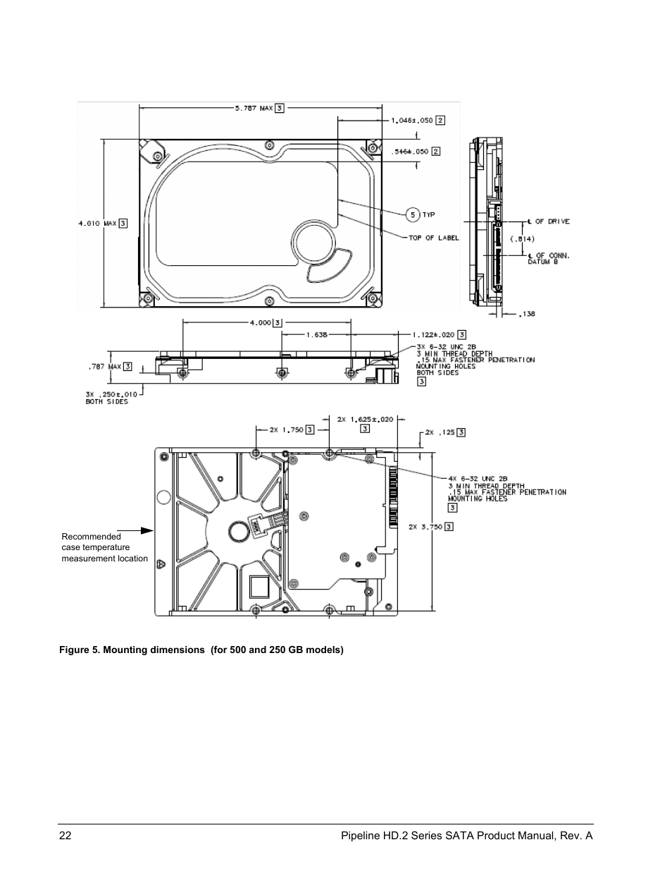 Mounting dimensions (for 500 and 250 gb models) | Maxtor Pipeline HD.2 Series SATA ST3500312CS User Manual | Page 28 / 46