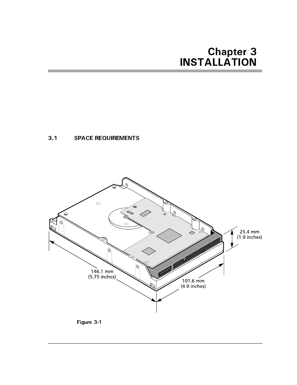 Chapter 3 installation, 1 space requirements, Jcrvgt | 1 space requirements -1, Figure 3-1 | Maxtor D540X-4K User Manual | Page 19 / 96