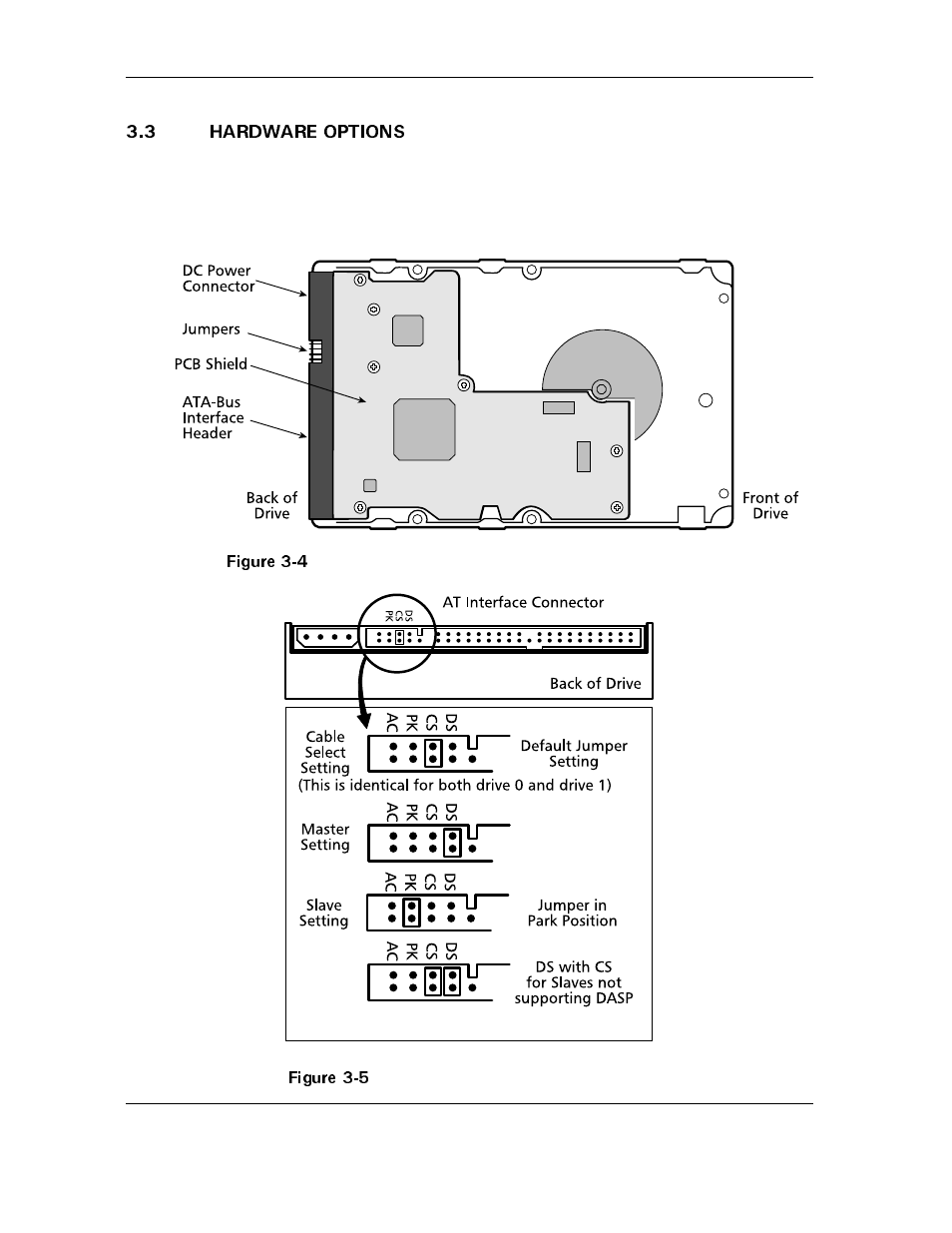 3 hardware options, 3 hardware options -4, Figure 3-4 | Figure 3-5, Jumper locations on the interface connector -4 | Maxtor D540X-4K User Manual | Page 22 / 96