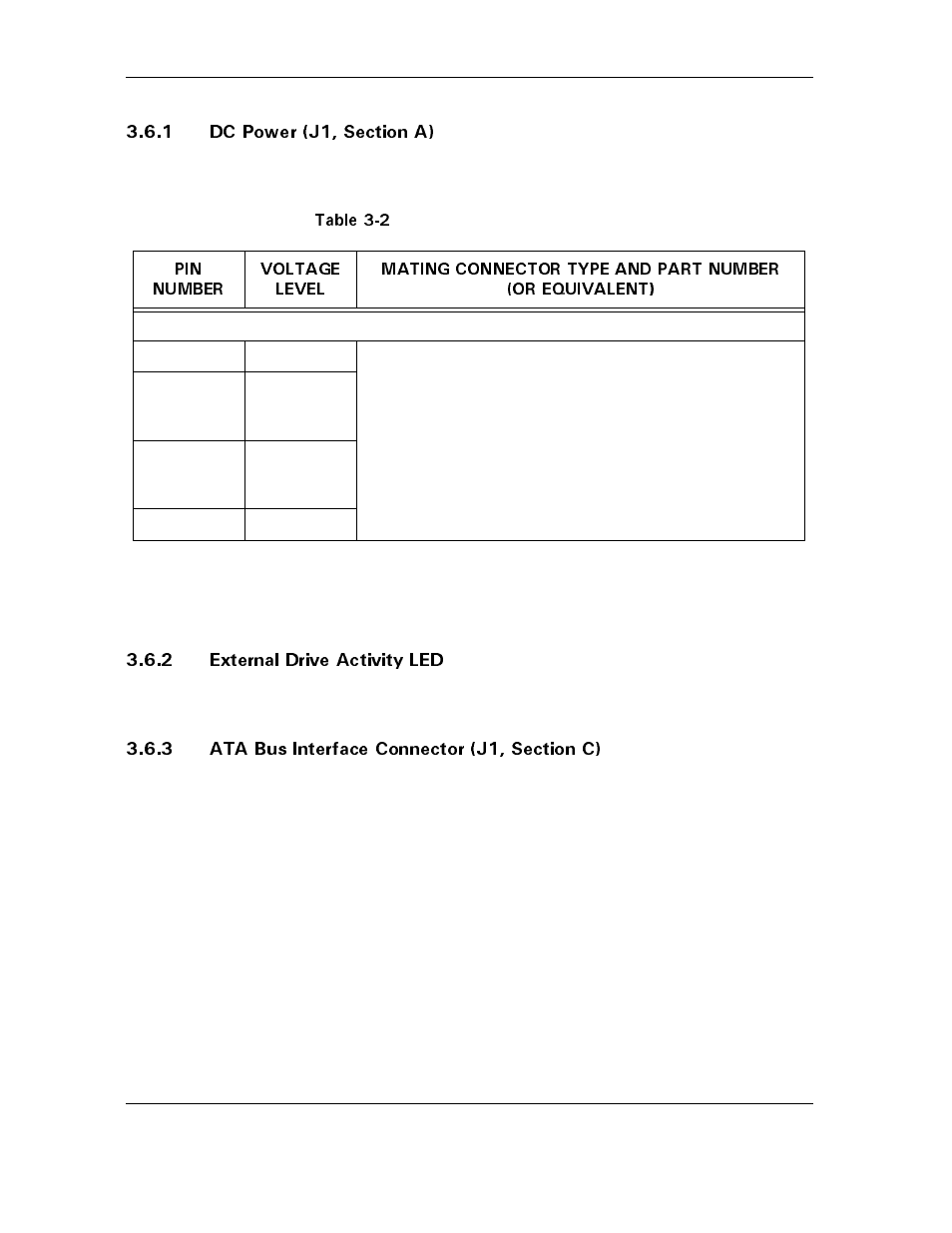 1 dc power (j1, section a), Table 3-2 j1 power connector, section a, 2 external drive activity led | 3 ata bus interface connector (j1, section c), Table 3-2, J1 power connector, section a -12 | Maxtor D540X-4K User Manual | Page 30 / 96