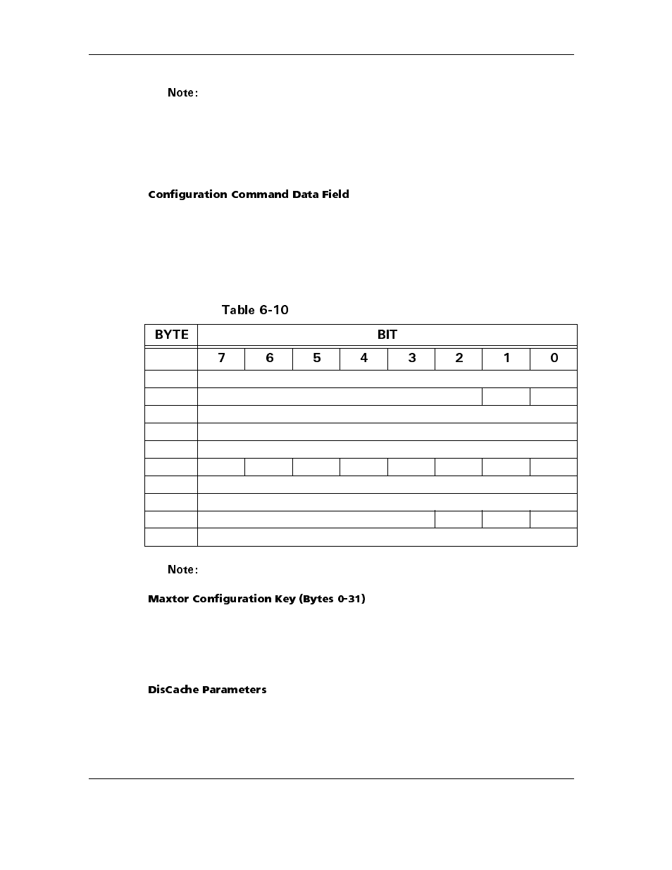 Table 6-10 configuration command format, Table 6-10 configuration command format -13, Configuration command data field | Discache parameters | Maxtor D540X-4K User Manual | Page 76 / 96
