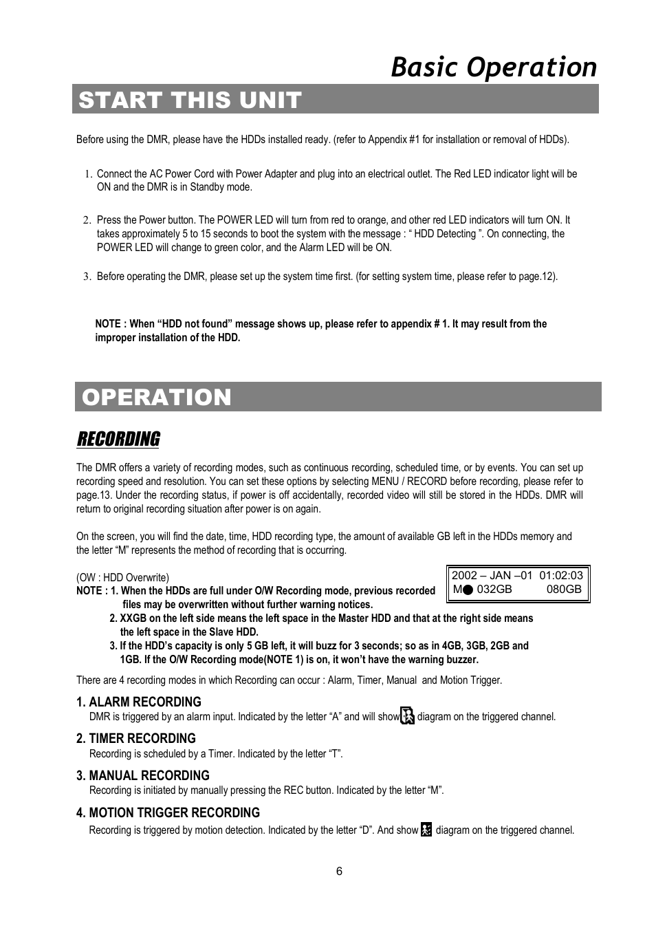 Basic operation, Start this unit, Operation | Recording | Maxtor Digital Multiplex Recorder User Manual | Page 10 / 54