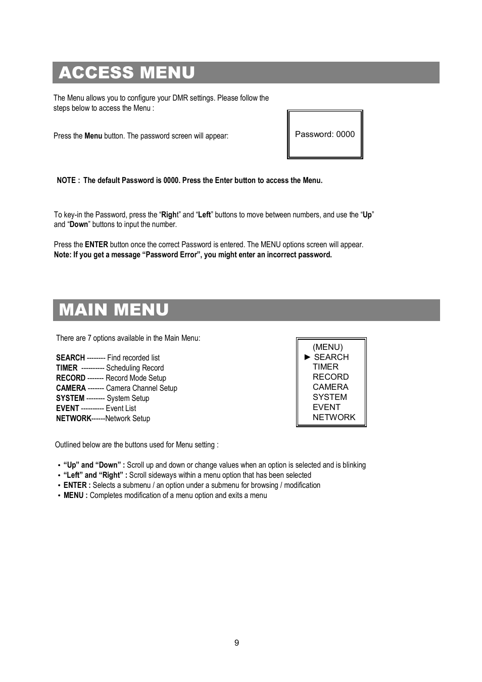 Access menu main menu | Maxtor Digital Multiplex Recorder User Manual | Page 13 / 54