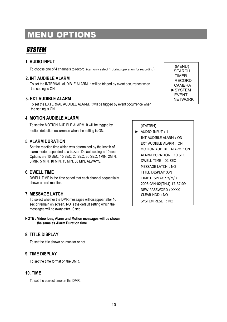 Menu options, System | Maxtor Digital Multiplex Recorder User Manual | Page 14 / 54