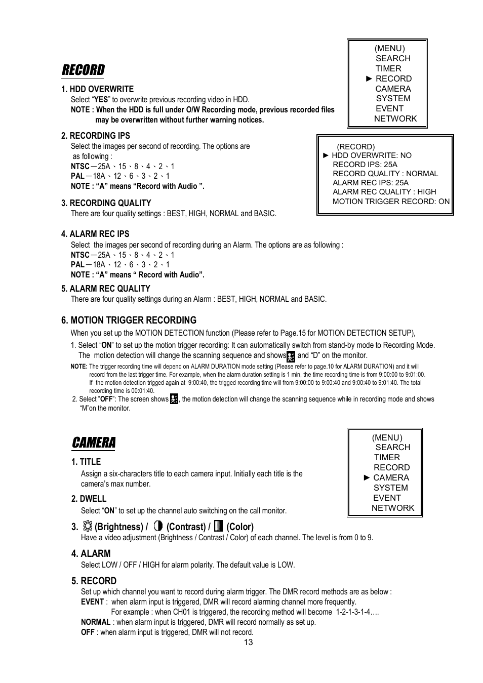 Record, Camera | Maxtor Digital Multiplex Recorder User Manual | Page 17 / 54