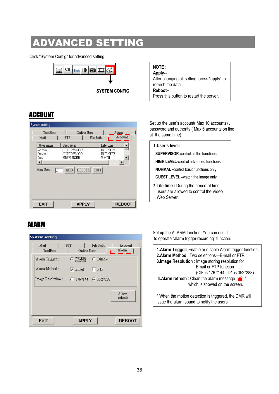 Advanced setting, Account, Alarm | Maxtor Digital Multiplex Recorder User Manual | Page 42 / 54