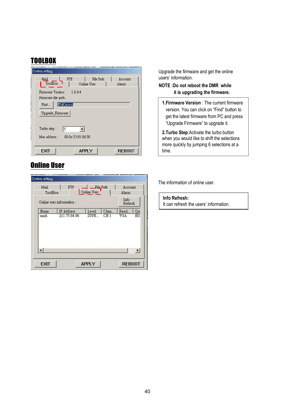 Online user toolbox | Maxtor Digital Multiplex Recorder User Manual | Page 44 / 54
