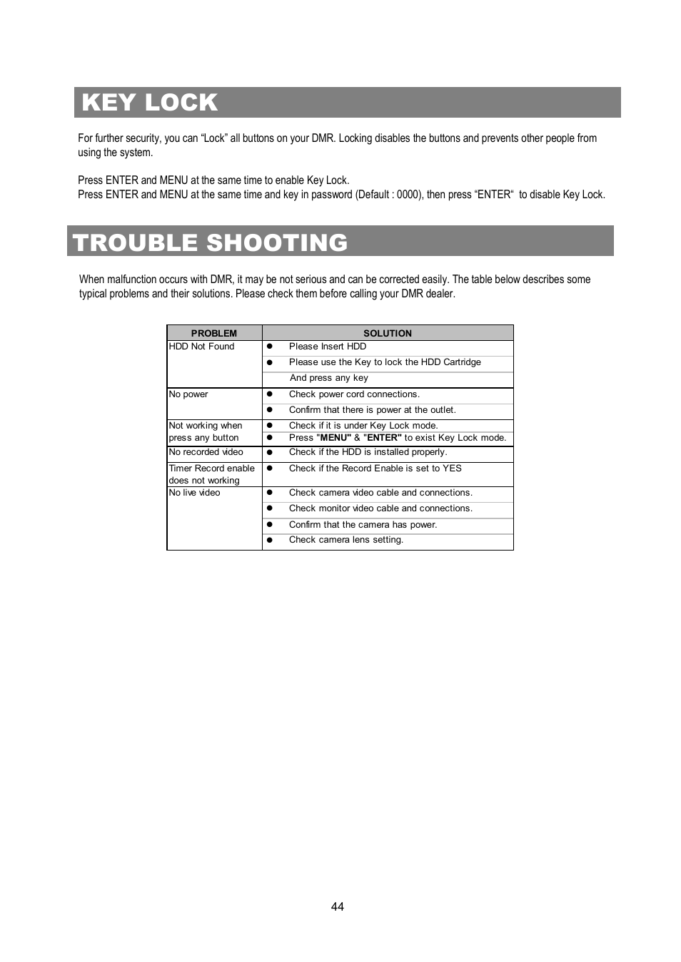 Rs232 remote protocol, Key lock, Trouble shooting | Maxtor Digital Multiplex Recorder User Manual | Page 48 / 54