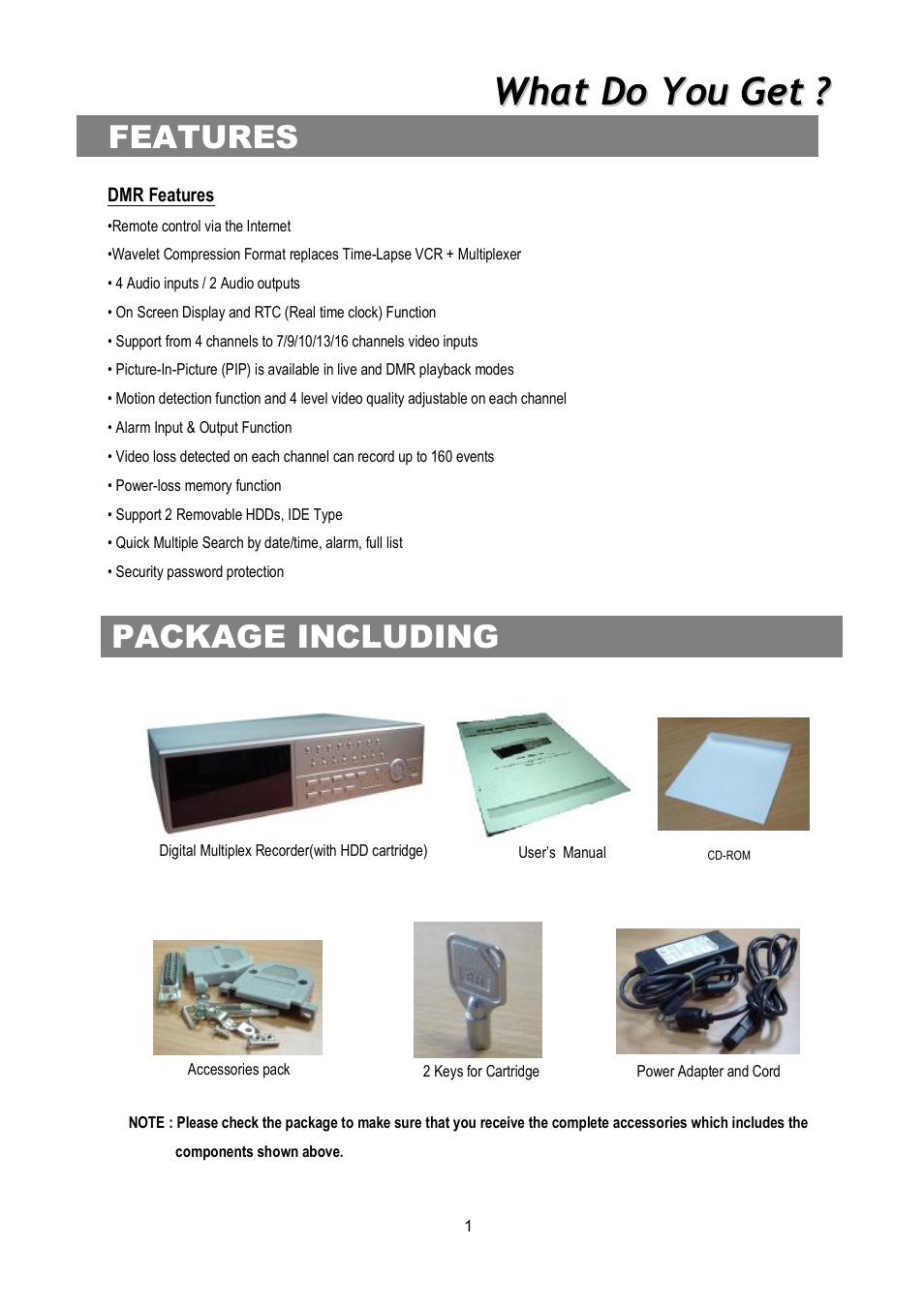 What do you get, Features, Package including | Maxtor Digital Multiplex Recorder User Manual | Page 5 / 54