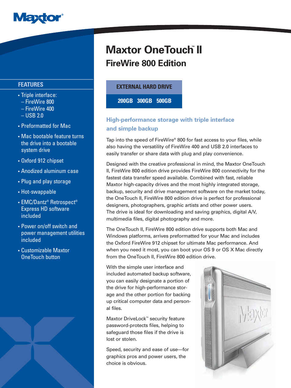 Maxtor OneTouch II E01V200 User Manual | 2 pages