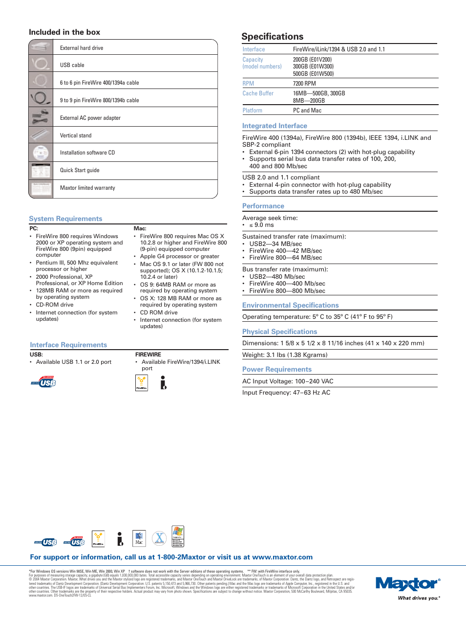 Specifications, Included in the box | Maxtor OneTouch II E01V200 User Manual | Page 2 / 2