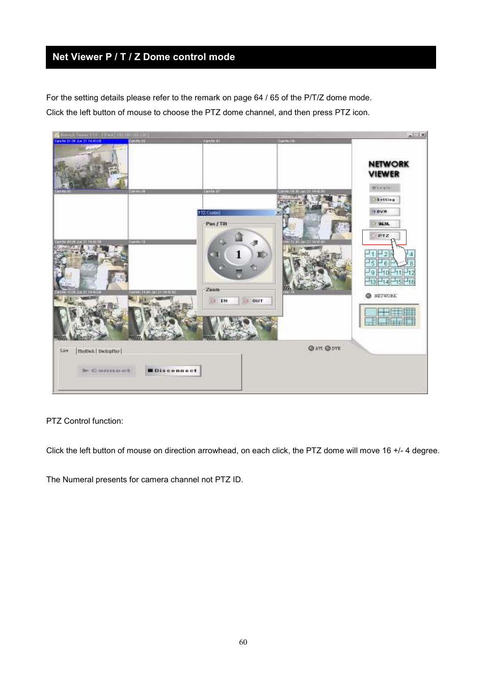 Net viewer p / t / z dome control mode | Maxtor 1 16 Channel Digital Video Recorder User Manual | Page 60 / 67