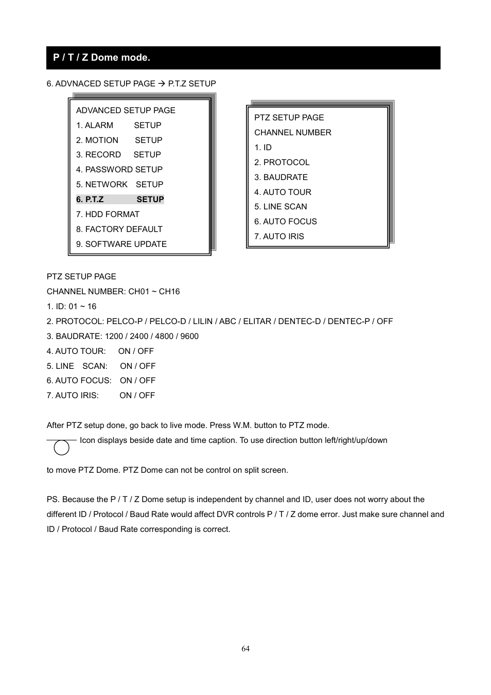 P / t / z dome mode | Maxtor 1 16 Channel Digital Video Recorder User Manual | Page 64 / 67