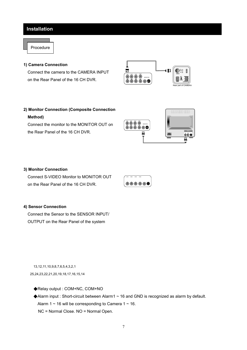 Installation, Nc = normal close. no = normal open, Procedure | Maxtor 1 16 Channel Digital Video Recorder User Manual | Page 7 / 67