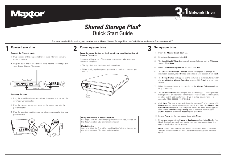 Shared storage plus, Quick start guide, Network drive | Maxtor 20302300 User Manual | Page 3 / 13