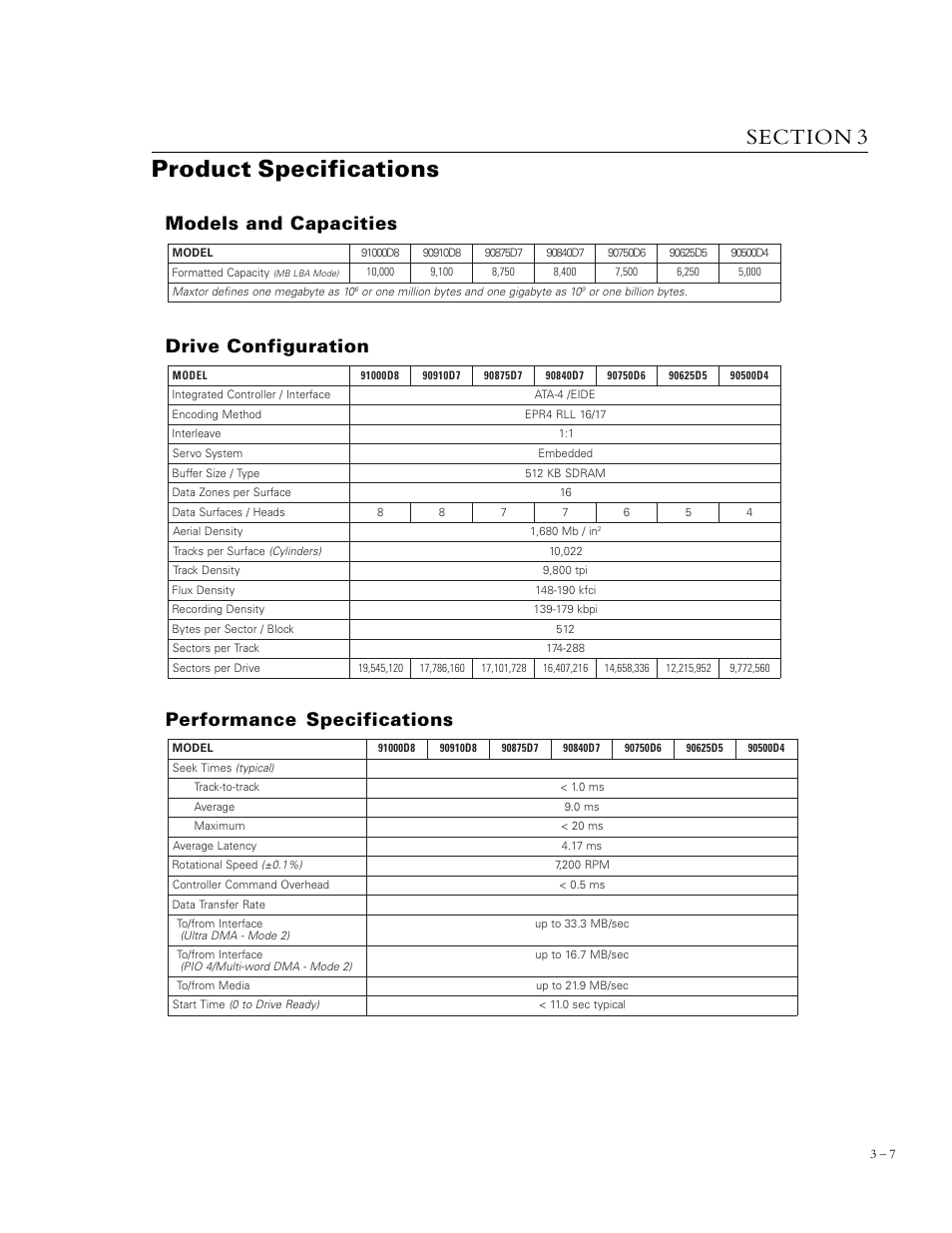 Product specifications, Models and capacities performance specifications, Drive configuration | Maxtor DIAMONDMAX 90840D7 User Manual | Page 12 / 26