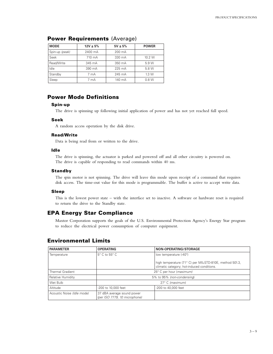 Epa energy star compliance, Environmental limits | Maxtor DIAMONDMAX 90840D7 User Manual | Page 14 / 26