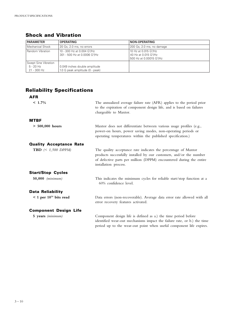 Reliability specifications, Shock and vibration | Maxtor DIAMONDMAX 90840D7 User Manual | Page 15 / 26