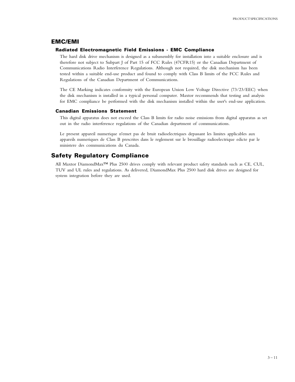 Emc/emi, Safety regulatory compliance | Maxtor DIAMONDMAX 90840D7 User Manual | Page 16 / 26
