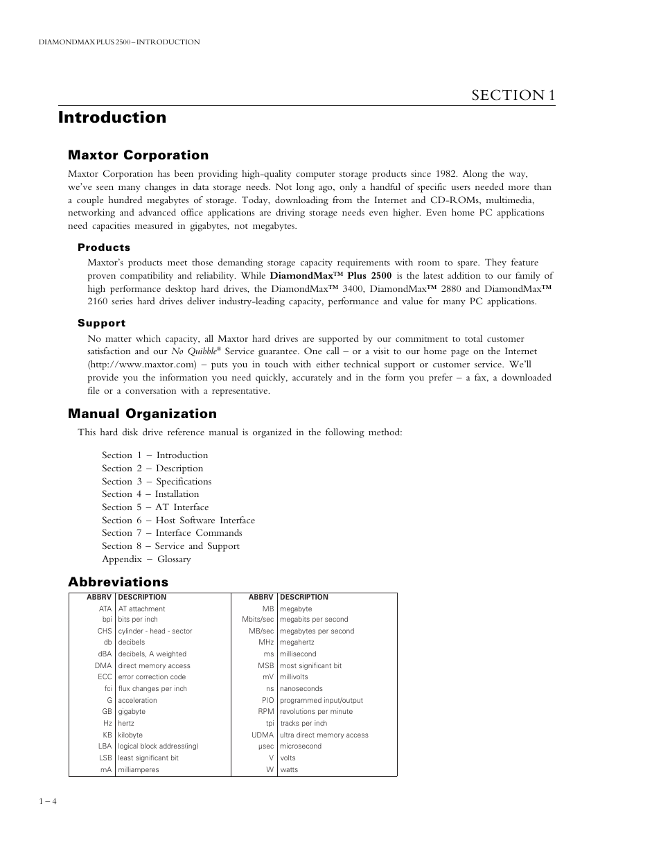 Introduction, Maxtor corporation, Manual organization | Abbreviations | Maxtor DIAMONDMAX 90840D7 User Manual | Page 4 / 26